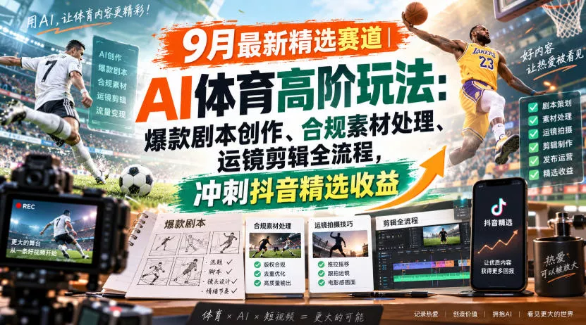 某大佬的9月最新精选赛道之AI体育顶级玩法,爆款剧本创作、版权规避、运镜剪辑全流程,稳拿抖音精选收益-卓越网创
