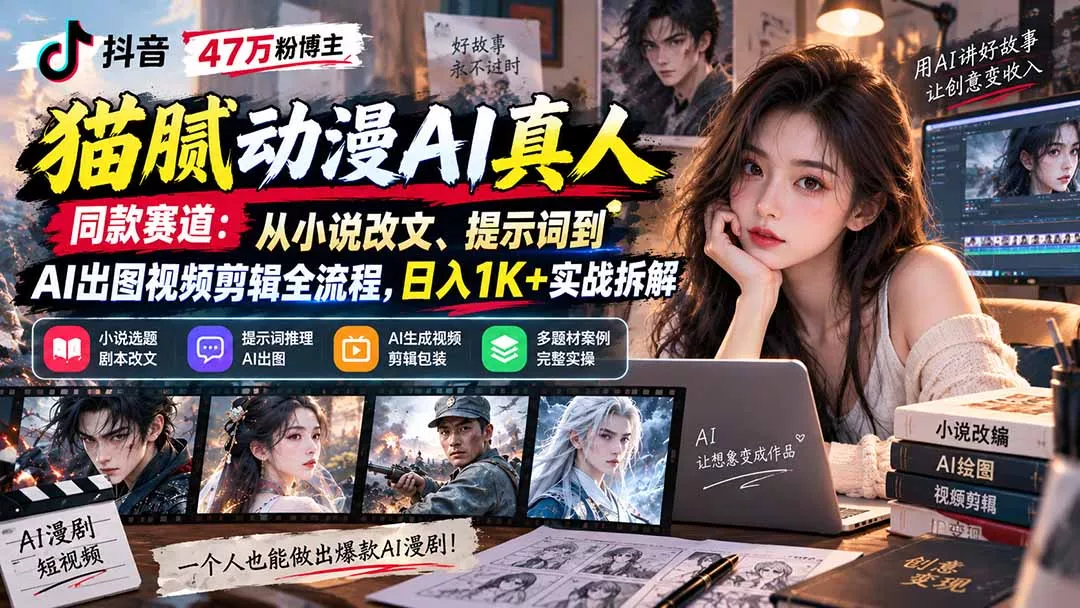 抖音47万粉博主猫腻动漫AI真人同款赛道:从小说改文、提示词到AI出图视频剪辑全流程,日入1K+实战拆解-卓越网创