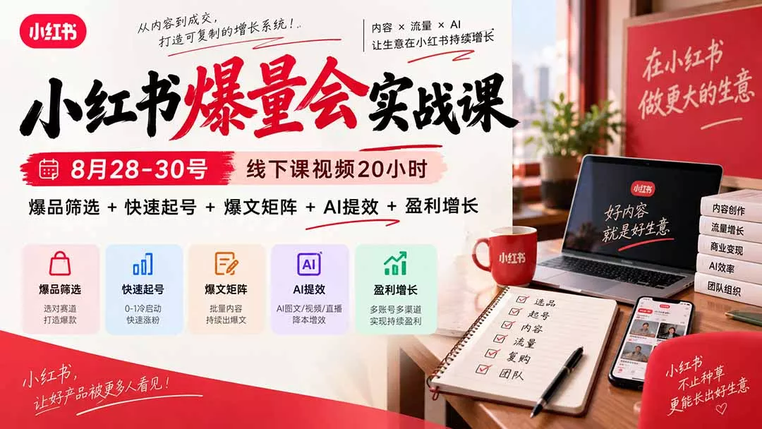 小红书爆量会实战课-更新9月17:线下课视频20小时,爆品筛选+快速起号+爆文矩阵+AI提效+盈利增长-卓越网创