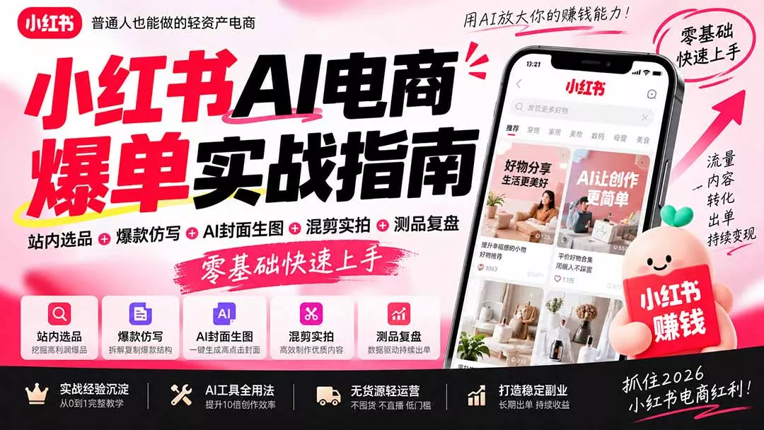 2026小红书AI电商爆单实战指南:站内选品+爆款仿写+AI封面生图+混剪实拍+测品复盘,零基础快速上手-卓越网创